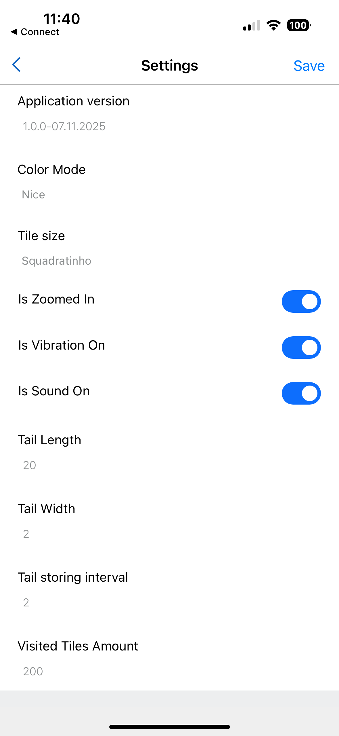 Configuration options and settings screen